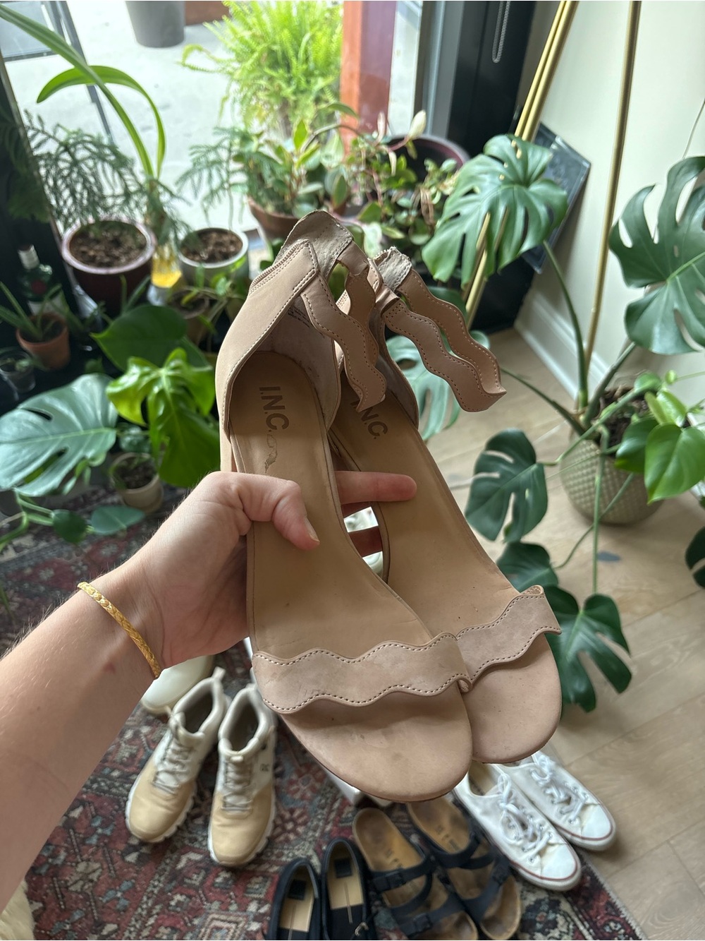 INC International Concepts Scalloped Strap Heeled Sandals in Nude/Taupe